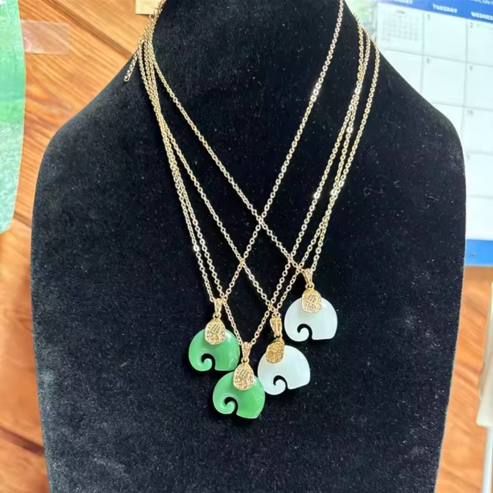 Natural Necklace Green Jade Elephant Pendant | 18K Gold Plated Chain Necklace - Picture 4 of 12